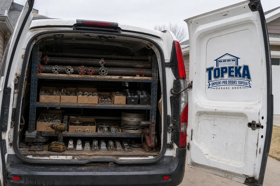 Inside the OnPoint Pro Doors Topeka truck: springs, rollers, drums and hinges stocked for Topeka